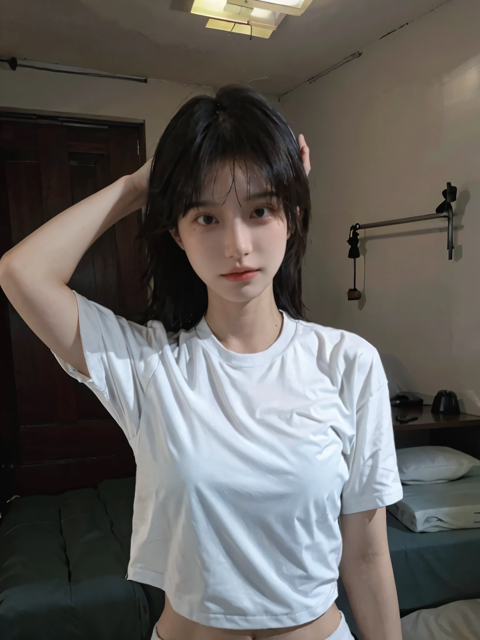 Best Quality, Masterpiece, Ultra High Resolution, Campus, (Realistic: 1.4), 1 Girl, Sexy, (Shirt: 1.2), (Bra: 1.2), (Room: 1.3), (Upper Body: 1.4)