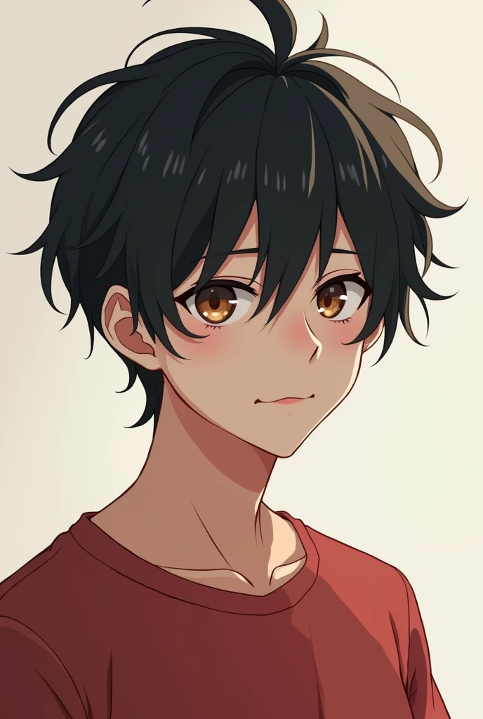 Man,black hair,middle bangs,dark brown eyes,sleepy eyes,red t-shirt,anime adaptation,side view profile