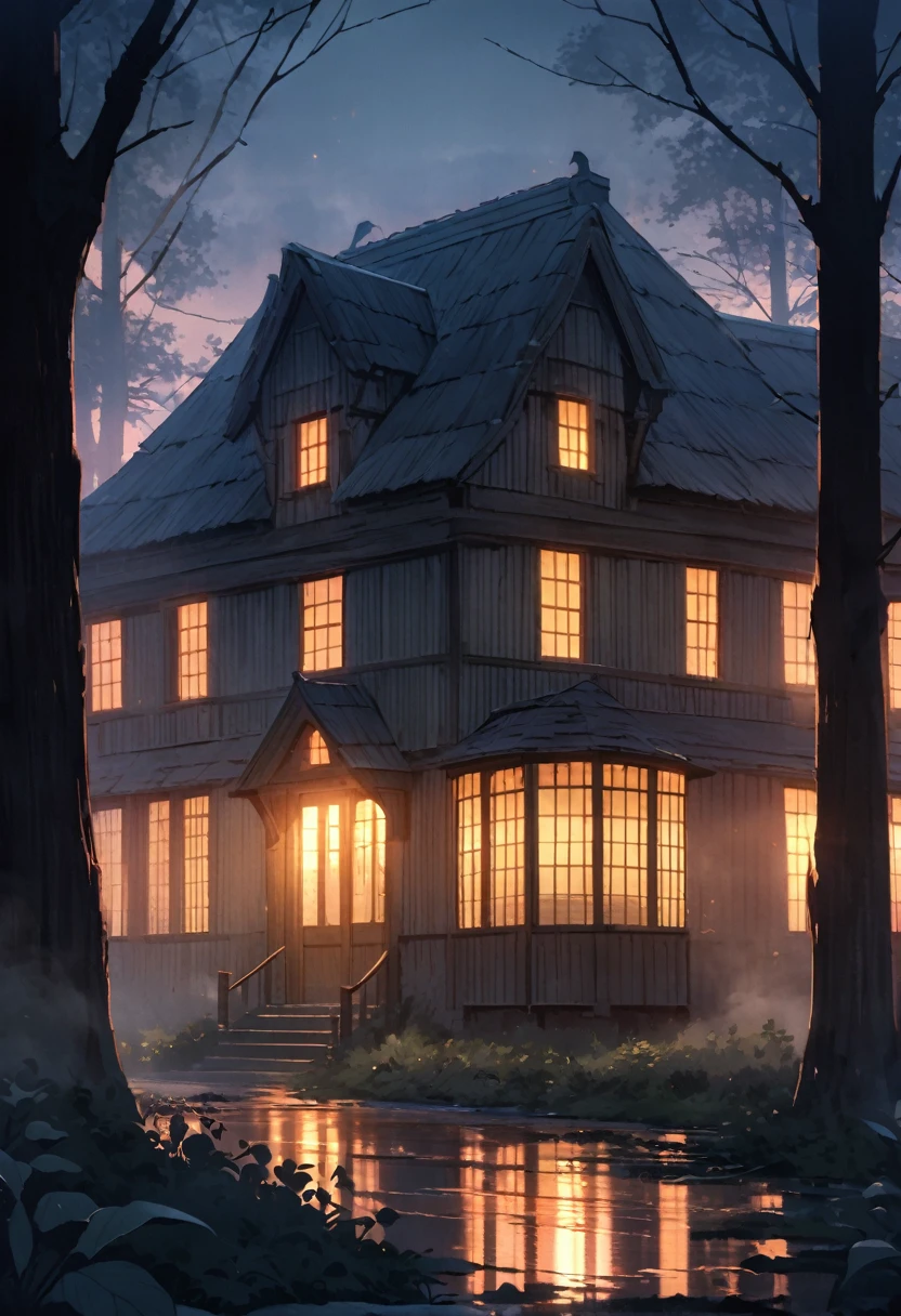 A picturesque country house at dusk, surrounded by tall trees and shrouded in a light mist. The windows are illuminated by a warm light, suggesting a welcoming atmosphere, but there is a subtle sense of unease in the air. Extremely horror terror