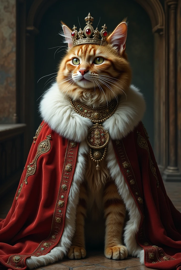 A fluffy cat wearing a king's crown and robe, Cats in noble clothes, royal portrait, 一位中世纪老portrait of a king, 老中世纪portrait of a king, portrait of a king, Elegant cat, old medieval king, Anthropomorphic cat, Anthropomorphic cat, RAW style, Cinematic
