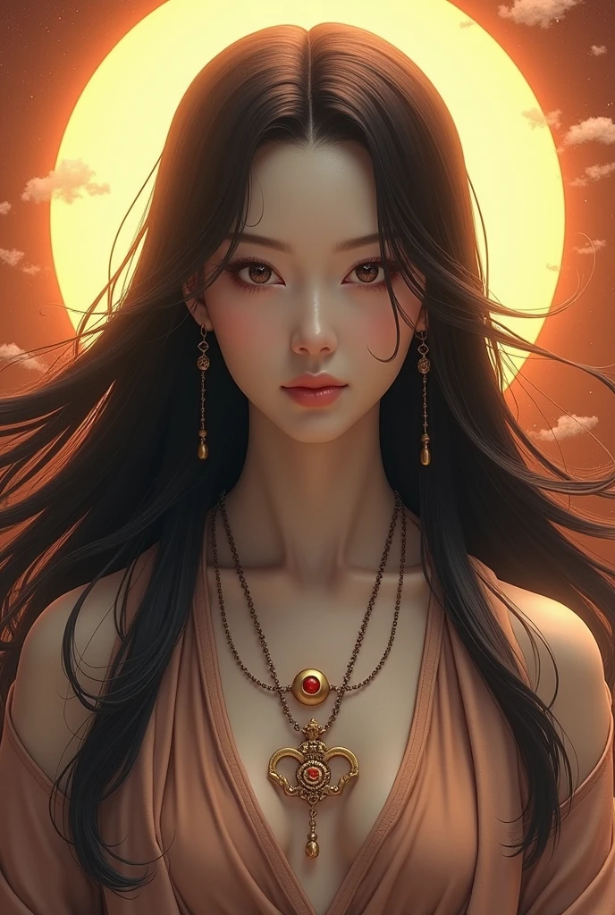Wearing a magatama around his neck、Amaterasu Oomikami