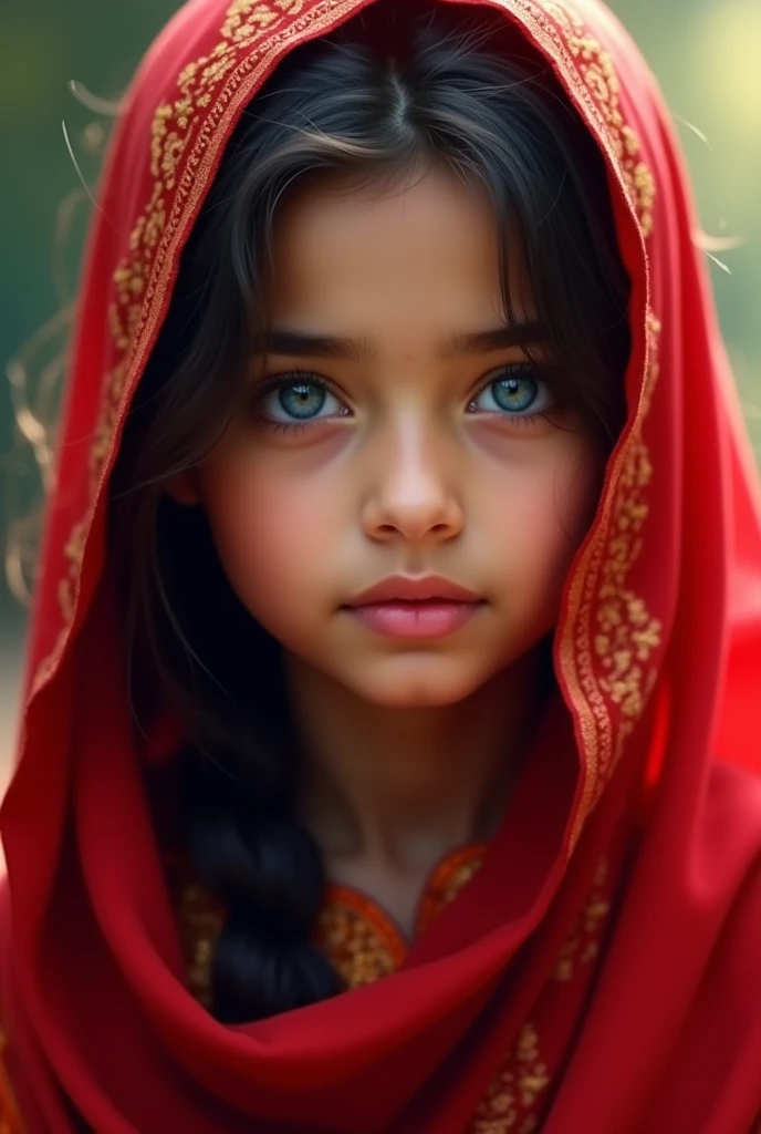Pakistani girl in red dupatta blue eyes