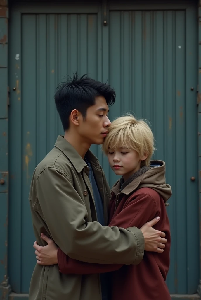 Generate a picture of a 25 years old handsome asian boy hugging a blonde boy who is crying in his arms and behind them is big steel gate like to keep them safe.It should look like a father son relationship. It should look real.
