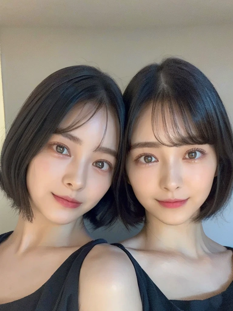 (masterpiece:1.3), (8k, Photoreal, Raw photo, best image quality: 1.4), Japanese high school girl、(random hairstyle:1.2)、cleavage:1.5、super detail face、eye for details、double eyelid、chest to chest、sharp focus:1.2、Beautiful woman:1.4、light brown hair、highest quality、masterpiece、超A high resolution、(Photoreal:1.4)、Highly detailed and professionally lit smiles、loose and light knitwear、shoulder out、thin、serious expression、short haired、deadly position
similar identical twins
All the girls have the exact same face, The two have the same face and figure, as if they were mirror images.