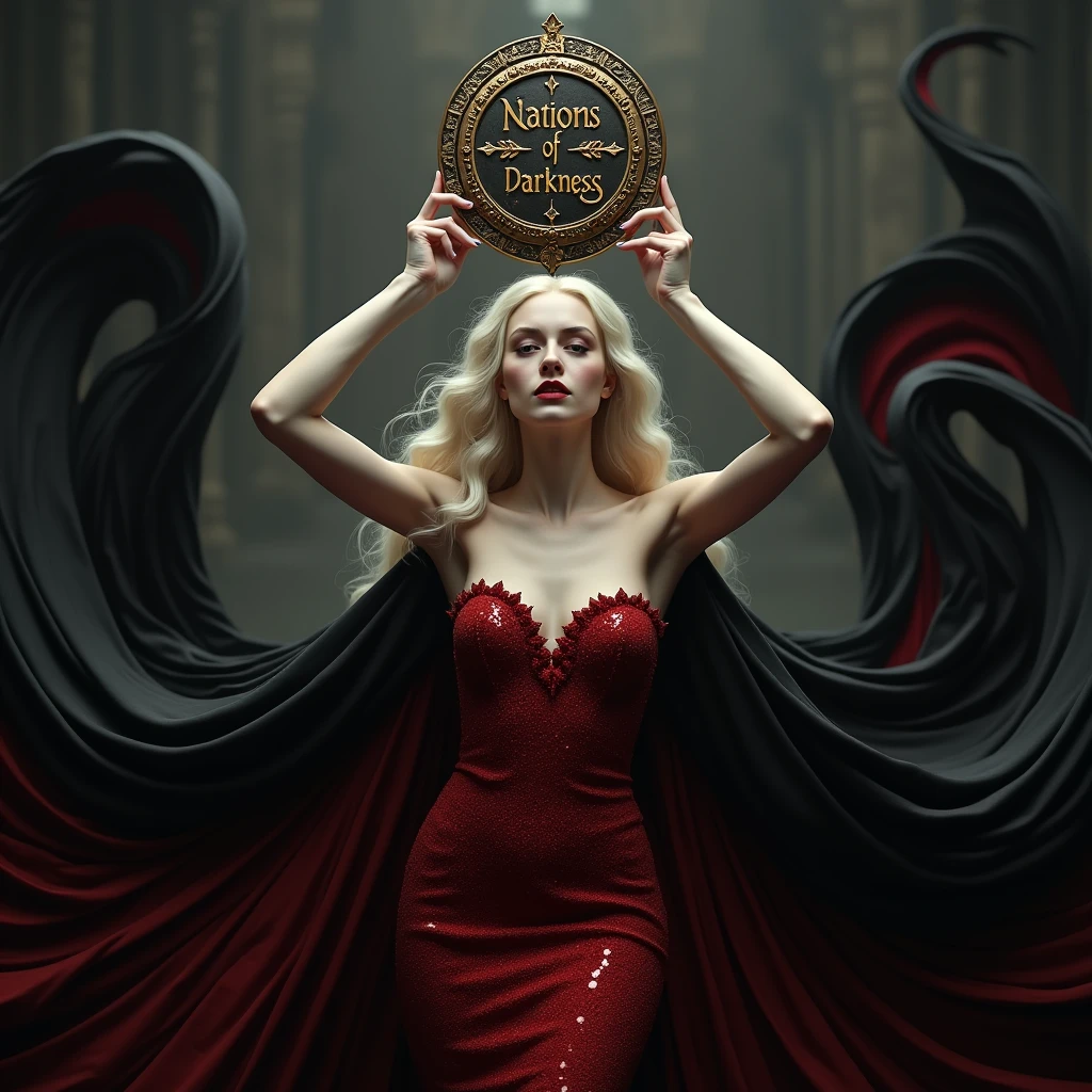 The upper body of a beautiful vampire，Long blond hair，Wearing a sparkling red dress，Black cape，Holding a crown to put on her head，The crown is surrounded by a circle of bas-relief English text "Nations of Darkness"