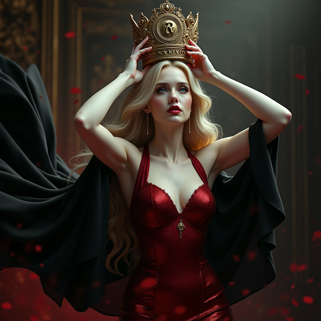 The upper body of a beautiful vampire,Long blond hair,Wearing a sparkling red dress,Black cape,Holding a crown to put on her head,The crown is surrounded by a circle of bas-relief English text "Nations of Darkness"