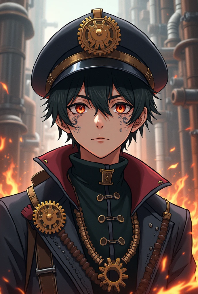 Anime Style、Steampunk World、There was a young man of about 18 wearing steampunk-like gear-adorned clothing and a hat slightly stained with black charcoal, his face slightly stained with charcoal.、The surroundings are mainly gears, steam, and pipes with fire coming out、