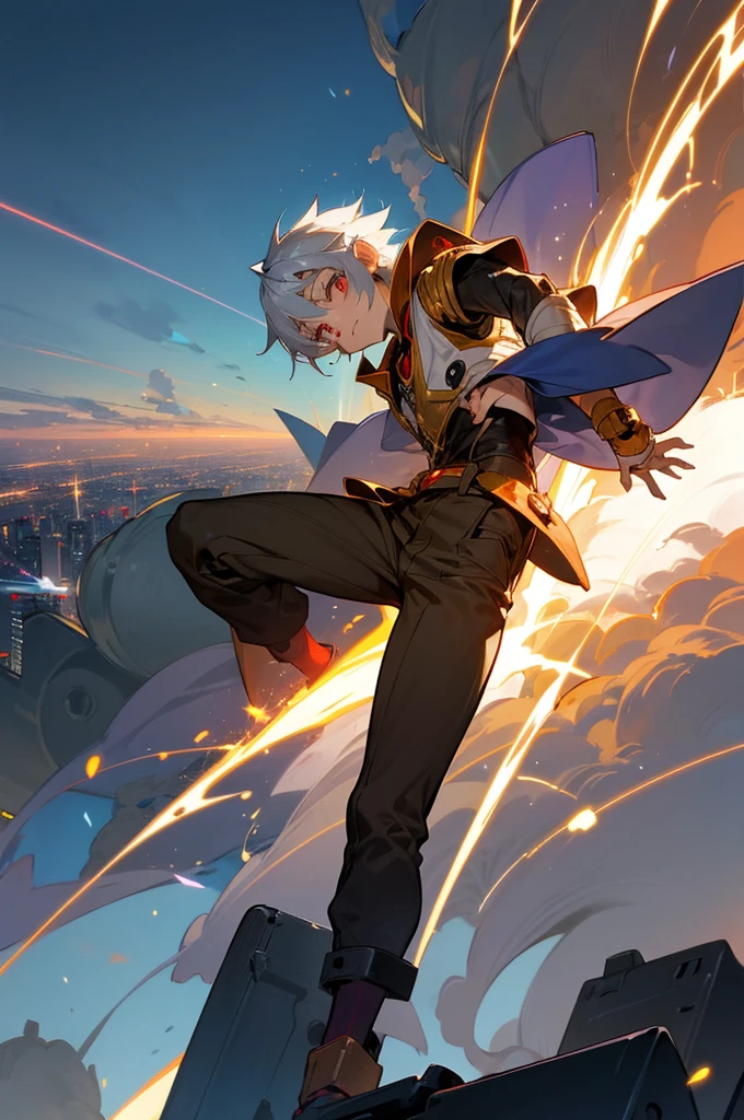 A boy with silver hair and red eyes, about 7 , is looking down at the city. Shota, cyborg, right arm transformed into a cannon.、It is charged with golden energy. It is moving at a rapid pace. A cannon is also shooting out of its back, and a huge amount of blue energy is exploding over the city.