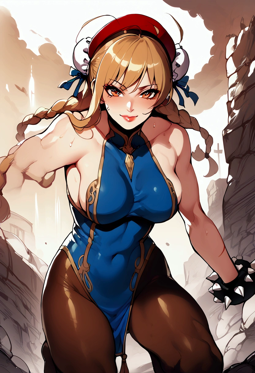 masterpiece,best quality,extreme detail,8k,cammyfn, 1girl, solo, long hair, breasts, blue eyes,brown blonde hair, large breasts, gloves, red hat, braid, ahoge, twin braids, leotard, lips, makeup, beret, scar, antenna hair, nose, harness, huge ahoge, green leotard ,sleeveless, sweaty,sweat, exhausted,sleeveless,cross eye, full body , 1girl, (solo:1.2), (jumping:1.3), (mid air:1.3), (cowboy shot:1.5), smile, happy, (masterpiece:1.3), (best quality:1.3), (perfect anatomy:1.4), highly detailed, chun li, brown eyes, short hair, double bun, bun cover, blue dress, pelvic curtain, spiked bracelet, sash, brown pantyhose, (post fight scenery:1.3), rubble, outside, daylight, nyantcha, expressive faces, anime-inspired, (cell shading:1.2), lips, merging
