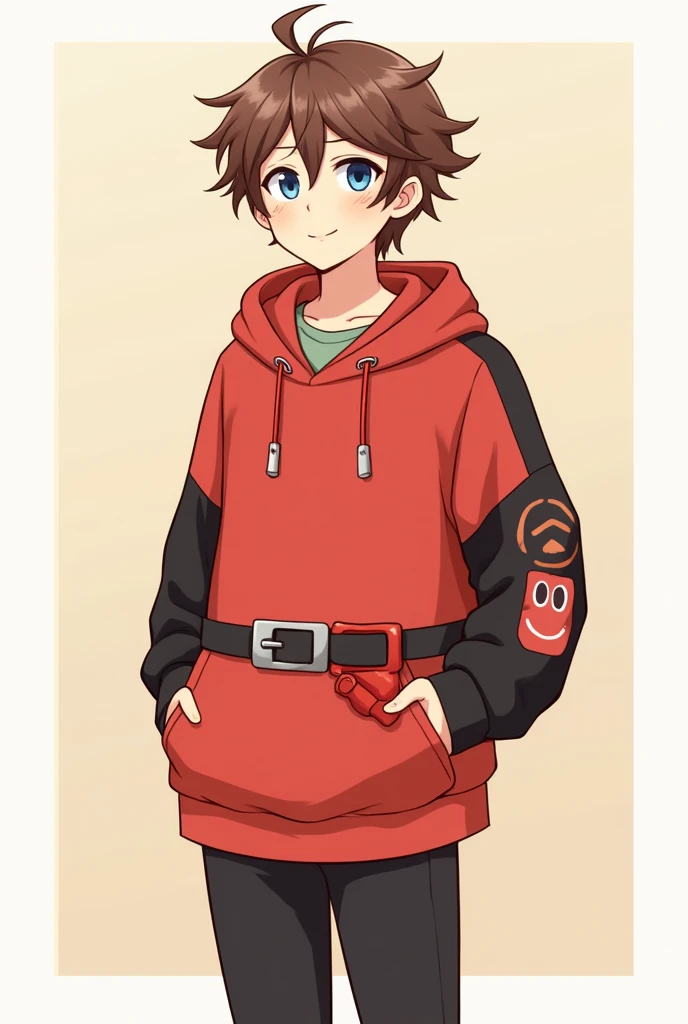 茶色の髪のmale。Her short hair with outward curls is bouncing.。Smiling with droopy blue eyes。Wearing an oversized hoodie and white headphones。The background is simple。The hoodie is mainly red with black on the arms and hood.。The parka is a jacket type.、Open。The sleeves are black and only the cuffs are red。He has plastic-like rings on both his wrists.。There is an awkward looking smiley face painted in red on the sleeve near the shoulder.。The back is painted in white with an awkward B on it.。The hoodie is held in place by a black belt with silver hardware.。On her belt she wears an accessory that looks like a soft tail with a white to red gradation.。A simple, blank, greyish greenＴWearing a shirt。The pants are black and have no particular pattern.。She wears knee-high shoes made of red and white cushioning material.。Anime style with a gentle touch。Large。male。