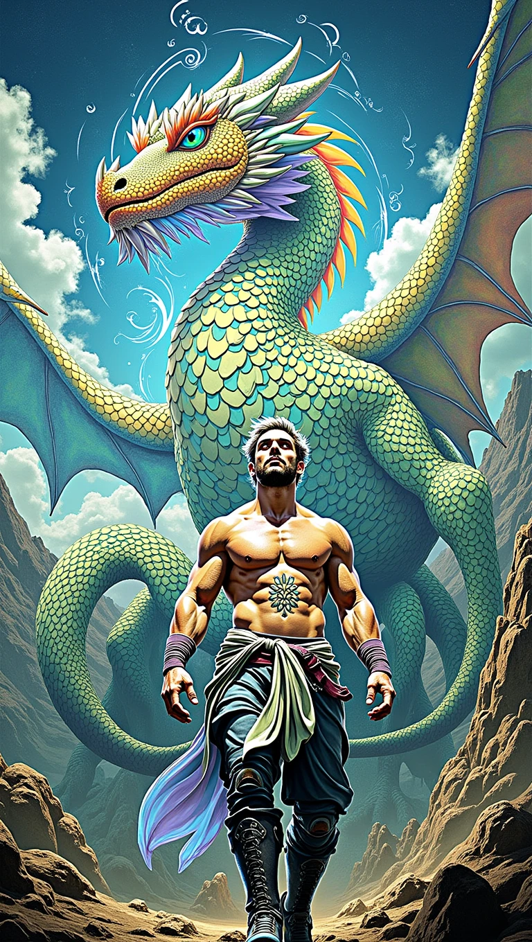 a man and a dragon behind him