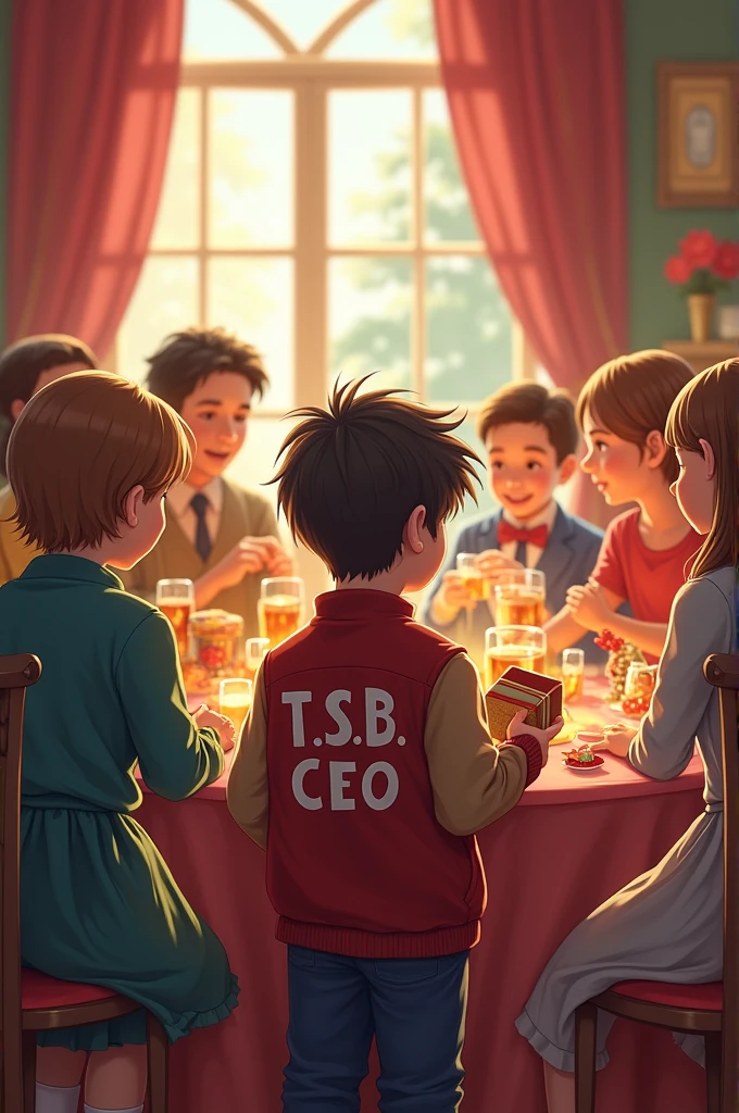 Inside a beautiful room, some people are having fun together. and placed on a table inside the room. A boy stands looking at it with a gift box in his hand. T.S.B CEO written on the back of his genji