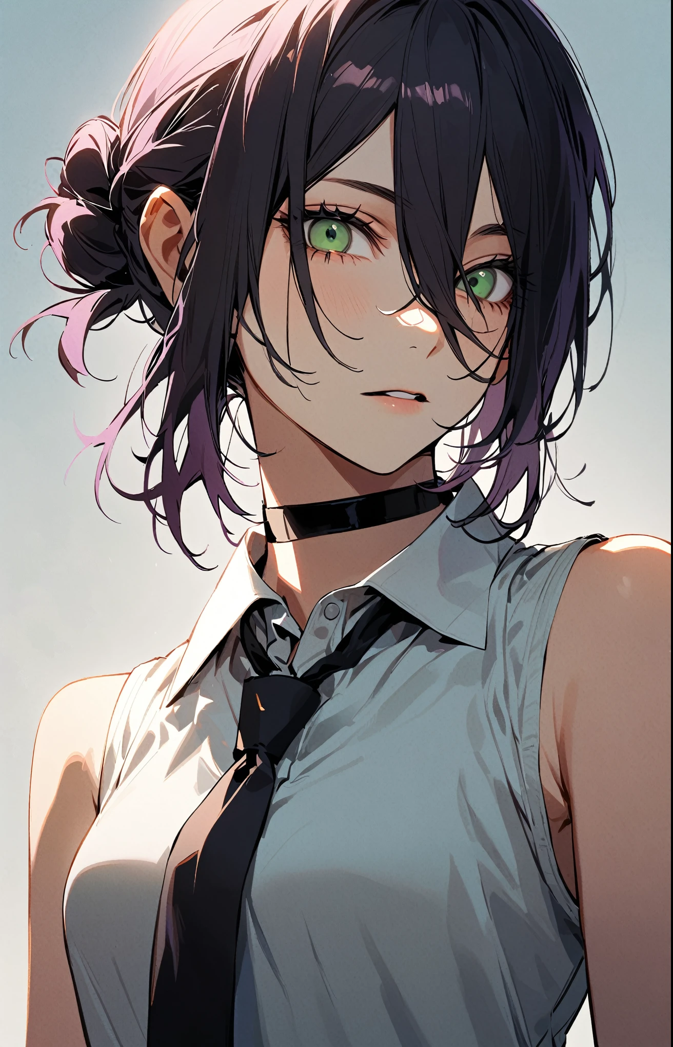 reze_(chainsaw_man), 1girl, solo, looking_at_viewer, short_hair, bangs, shirt, black_hair, hair_between_eyes, green_eyes, white_shirt, upper_body, purple_hair, parted_lips, necktie, sleeveless, choker, collared_shirt, medium_hair, hair_bun, eyelashes, black_choker, single_hair_bun