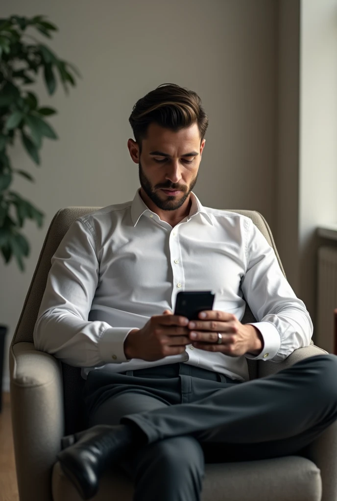 Please export a photo, the man sitting on chair and he look smart phone.