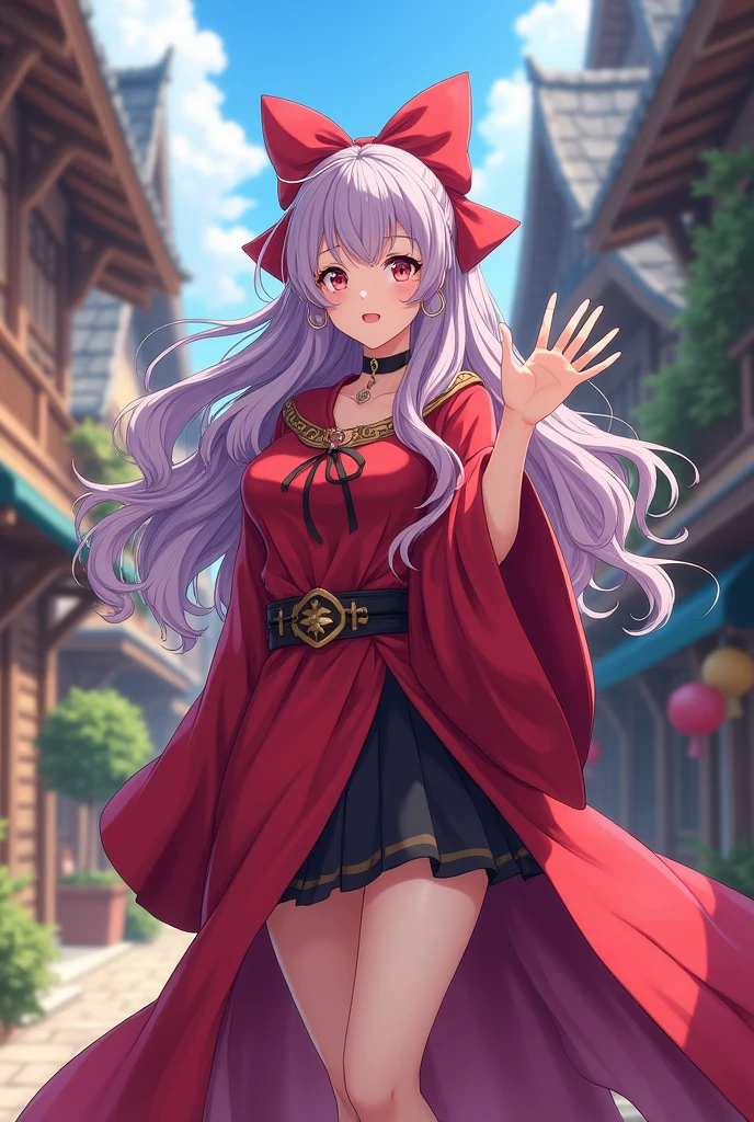 highest quality, 8k, hdr, (head to toe:1.4), Anime, Human woman, hourglass figure, looks twenty years old, very light lavender hair,  Gold streaks in hair, Bright red ribbon in hair, waving at the viewer, on an anime style street, fantasy mages robes, wispy red mage robes with black magic symbols on it