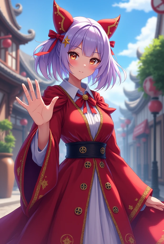 highest quality, 8k, hdr, (head to toe:1.4), Anime, Human woman, hourglass figure, looks twenty years old, very light lavender hair,  Gold streaks in hair, Bright red ribbon in hair, waving at the viewer, on an anime style street, fantasy mages robes, wispy red mage robes with black magic symbols on it
