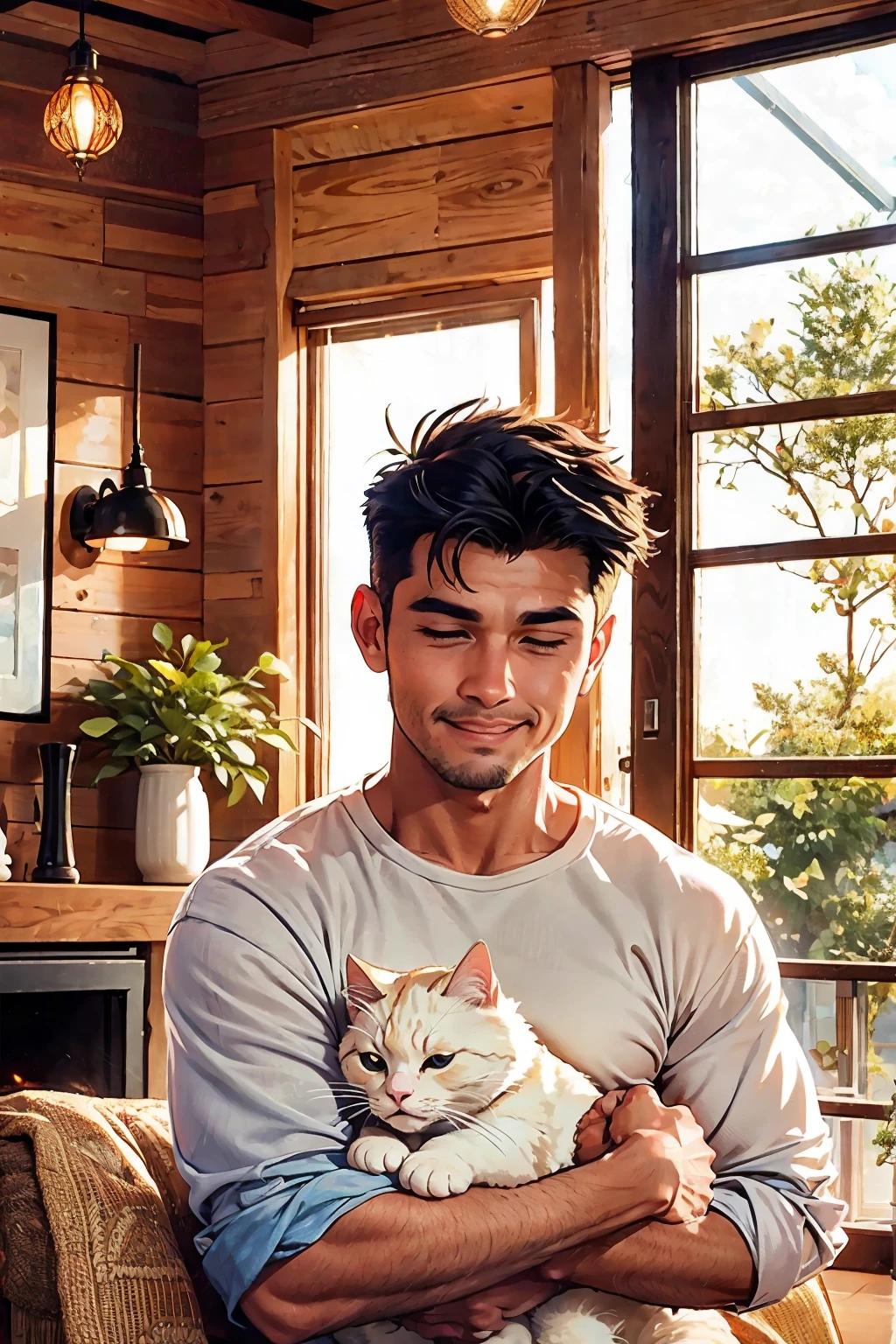 score_9, score_8_up, score_7_up, score_6_up, source_photography,

composition:
natural lighting, indoor setting, cozy ambiance,

subjects:
man, holding a white cat,

actions:
man cradling cat, gentle touch,

body:
casual attire, relaxed posture, cat nestled comfortably,

expressions:
content smile, soft eyes,

background:
living room, warm tones, soft furnishings,

environment:
homely, peaceful, inviting atmosphere.