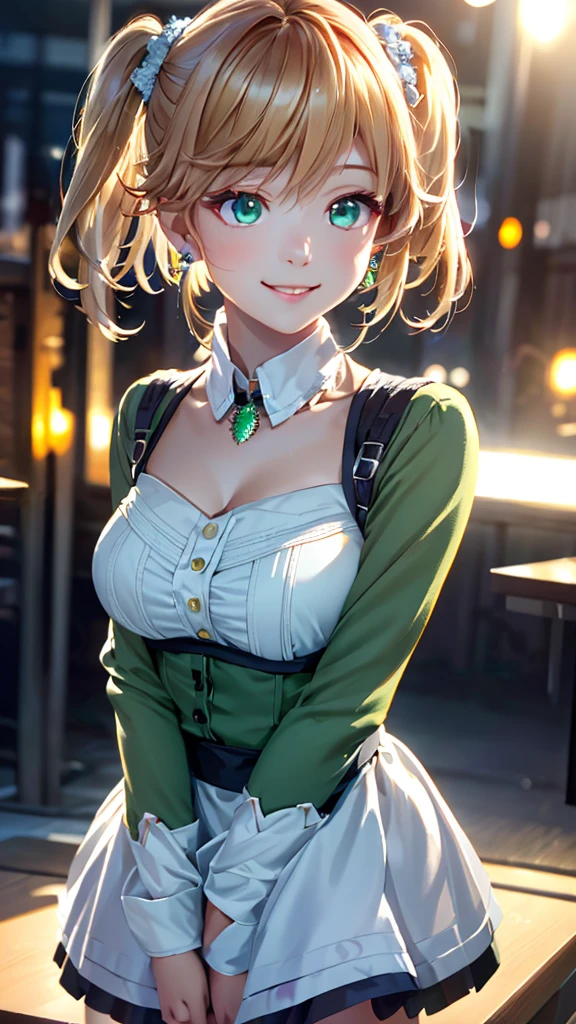 8K, Ultra High Definition, Super detailed, Shiny detailed hair, detailed face, fantasy landscape, solo, looking at viewer, {{best quality}}, {{masterpiece}}, {{ultra-detailed}}, {detailed light}, ultra high quality eyes, detailed eyes, perfect eyes, large eyes, detailed green eyes, blonde hair, short hair, twintail, beautiful, skinny body, white skin, slutty, erotic, in lingerie, lingerie, cleavage, lifting her skirt, blushing, open mouth, ahegao, ((nsfw))