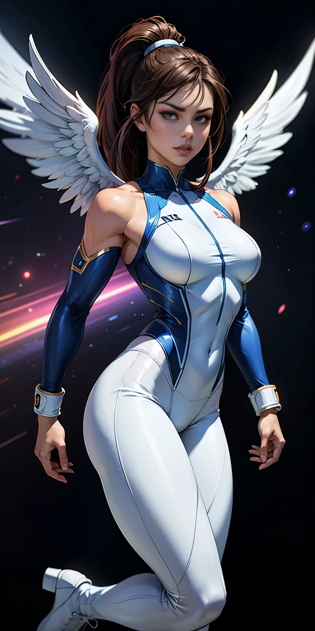 "Selena Gomez, Chun-Li V2.1, fusion, Whole body, dynamic pose, floating hair, powerful expression, blue and white wrestling suit, White boots, Leggings negros, Angel wings, cosmic background, neon lighting, Detailed face, bright Eyes, Perfect skin, Realistic proportions, 8k, Unreal Engine, photorealistic, detailed skin texture, masterpiece, Best Quality."