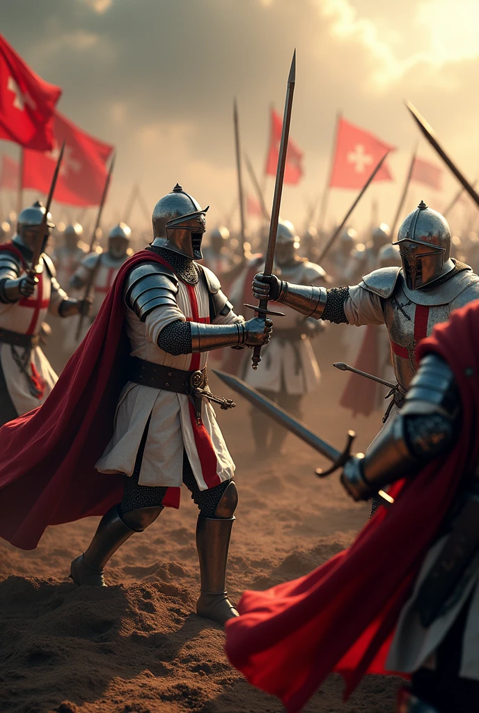 A highly realistic, high-contrast, 8K HD, detailed, hyper-detailed battle scene where the Crusaders, wearing white tunics with red crosses and steel helmets, are engaged in intense combat with an enemy army of knights clad in ornate, polished armor. The battlefield is chaotic, with both sides fiercely clashing swords and shields. The ground is strewn with the fallen, and the atmosphere is filled with the brutality of medieval warfare. The skin textures of the warriors are rendered with ultra-realistic detail, under dramatic lighting, capturing the raw intensity of the moment. The image is of the highest quality, with ultra-high resolution, RAW photo quality, and Unreal Engine rendering, creating a visually stunning and immersive depiction of this brutal conflict.
