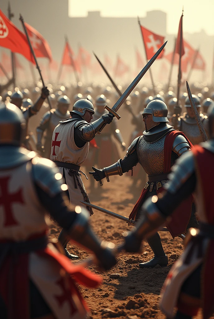 A highly realistic, high-contrast, 8K HD, detailed, hyper-detailed battle scene where the Crusaders, wearing white tunics with red crosses and steel helmets, are engaged in intense combat with an enemy army of knights clad in ornate, polished armor. The battlefield is chaotic, with both sides fiercely clashing swords and shields. The ground is strewn with the fallen, and the atmosphere is filled with the brutality of medieval warfare. The skin textures of the warriors are rendered with ultra-realistic detail, under dramatic lighting, capturing the raw intensity of the moment. The image is of the highest quality, with ultra-high resolution, RAW photo quality, and Unreal Engine rendering, creating a visually stunning and immersive depiction of this brutal conflict.