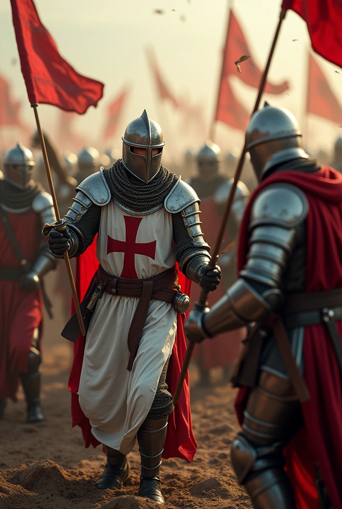A highly realistic, high-contrast, 8K HD, detailed, hyper-detailed battle scene where the Crusaders, wearing white tunics with red crosses and steel helmets, are engaged in intense combat with an enemy army of knights clad in ornate, polished armor. The battlefield is chaotic, with both sides fiercely clashing swords and shields. The ground is strewn with the fallen, and the atmosphere is filled with the brutality of medieval warfare. The skin textures of the warriors are rendered with ultra-realistic detail, under dramatic lighting, capturing the raw intensity of the moment. The image is of the highest quality, with ultra-high resolution, RAW photo quality, and Unreal Engine rendering, creating a visually stunning and immersive depiction of this brutal conflict.
