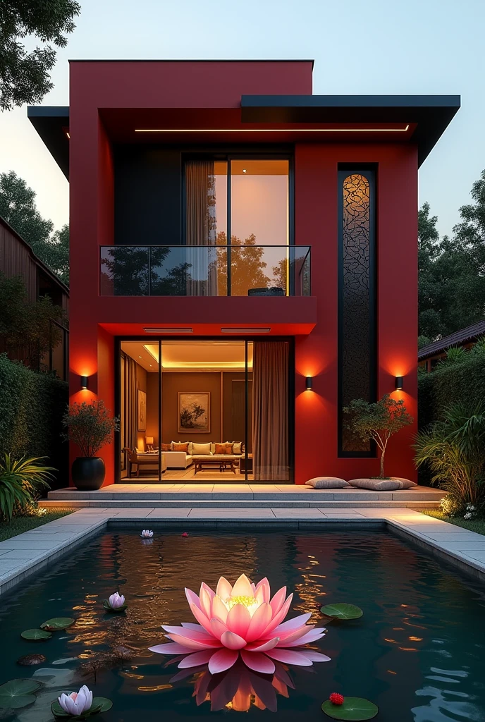 A luxurious Villa house or maintion , with red wall on outside inside black wall , white gold light , Arabic design glass , on garden there is small waterboy where lily flowers blowing light , on dust senary , please do it beautifully