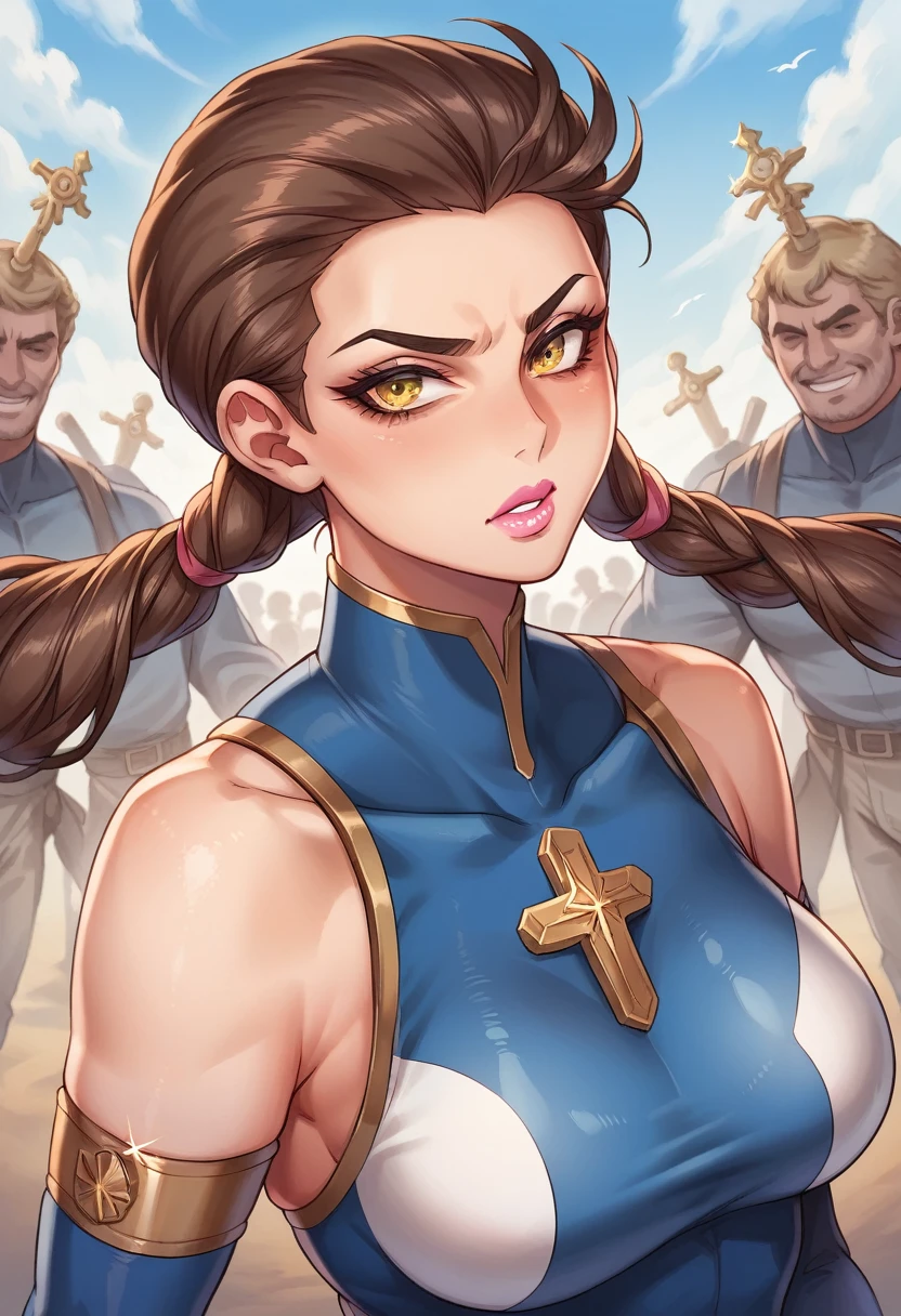 ((great detail)), (masterpiece), 1 chico, 1 girl, twin brothers, youths, posing together, firmly, blond and brown hair, yellow eyes, pink lips, White skin, dressed in blue spandex suits, with serious faces, in the middle of a battlefield, at daytime, 4k, HD