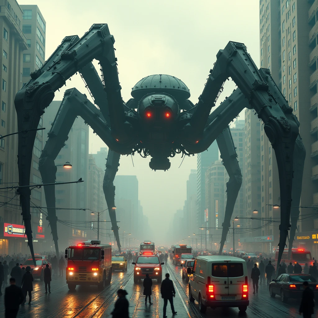 Super huge spider-shaped weapons, all over town, crowds, traffic jams, panic, bird's-eye view,