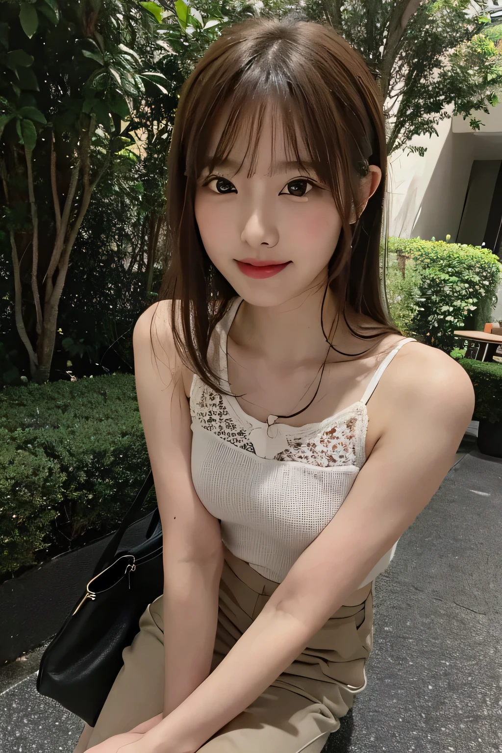 A photo of an beauty girl holding up her handbag, wearing beige short sleeves and a white tank top with black pattern embroidery on the front, khaki high waist pants, barefoot in the garden, with sunlight shining down from behind, taking full body photos, smiling, with brown long hair and a slightly curly bangs hairstyle, taking real-life photos in the style of . --ar 87:128
