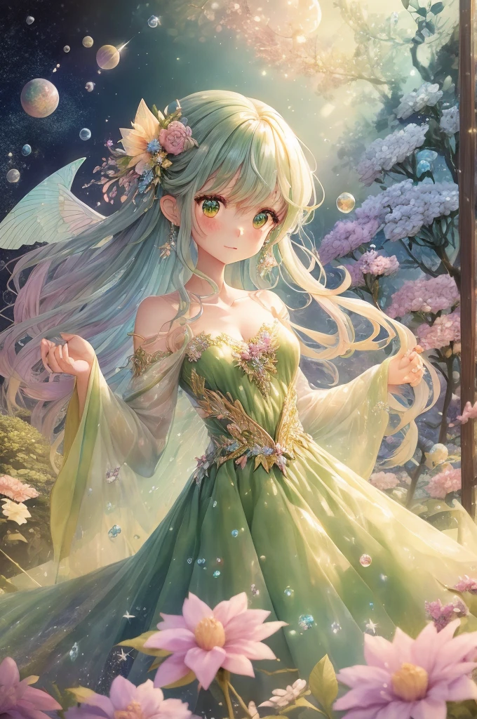 An anime fairy with a green dress and rainbow lights, Star Fairy, Beautiful fairy, Wonderful like a fairy, Beautiful fairys, Magic fairy background, beautiful adult fairy, Beautiful fairy, Magical fairy floating in space, Beautiful fantasy anime, Mysterious Wings, Beautiful angel, A shining angelic presence, Fairy portrait, Fairy portrait, Fairy Queen, Space Flower Fairy