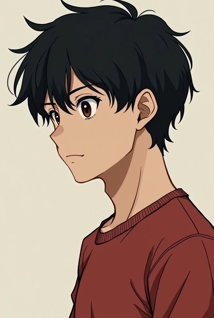 Man,black hair,middle bangs,dark brown eyes,sleepy eyes,red t-shirt,anime adaptation,looking at the side