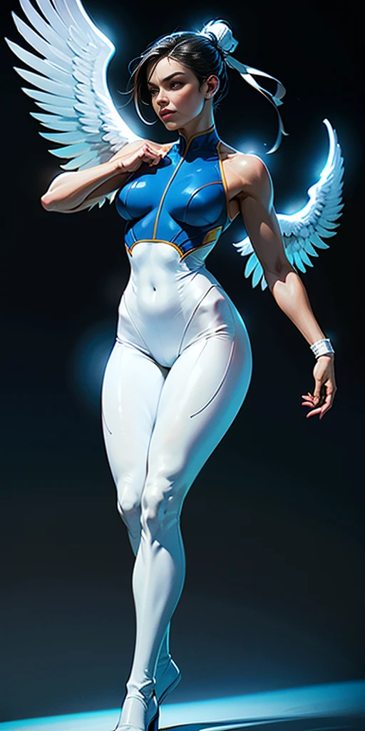 (white background:1.2) "Selena Gomez, Chun-Li V2.1, fusion, Whole body, dynamic pose, floating hair, powerful expression, blue and white wrestling suit, White boots, Leggings negros, Angel wings, cosmic background, neon lighting, Detailed face, bright Eyes, Perfect skin, Realistic proportions, 8k, Unreal Engine, photorealistic, detailed skin texture, masterpiece, Best Quality."