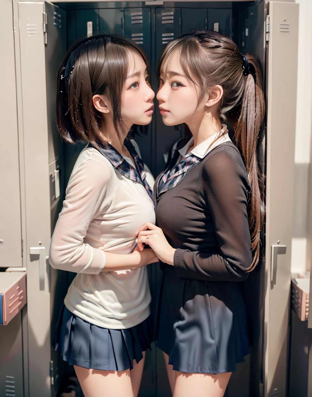 8k,masterpiece,Japanese,best quality, two (schoolgirls:1.4), (crowded locker:1.5), (reluctantly:1,6), (blush:1.3), (breasts:1.1)