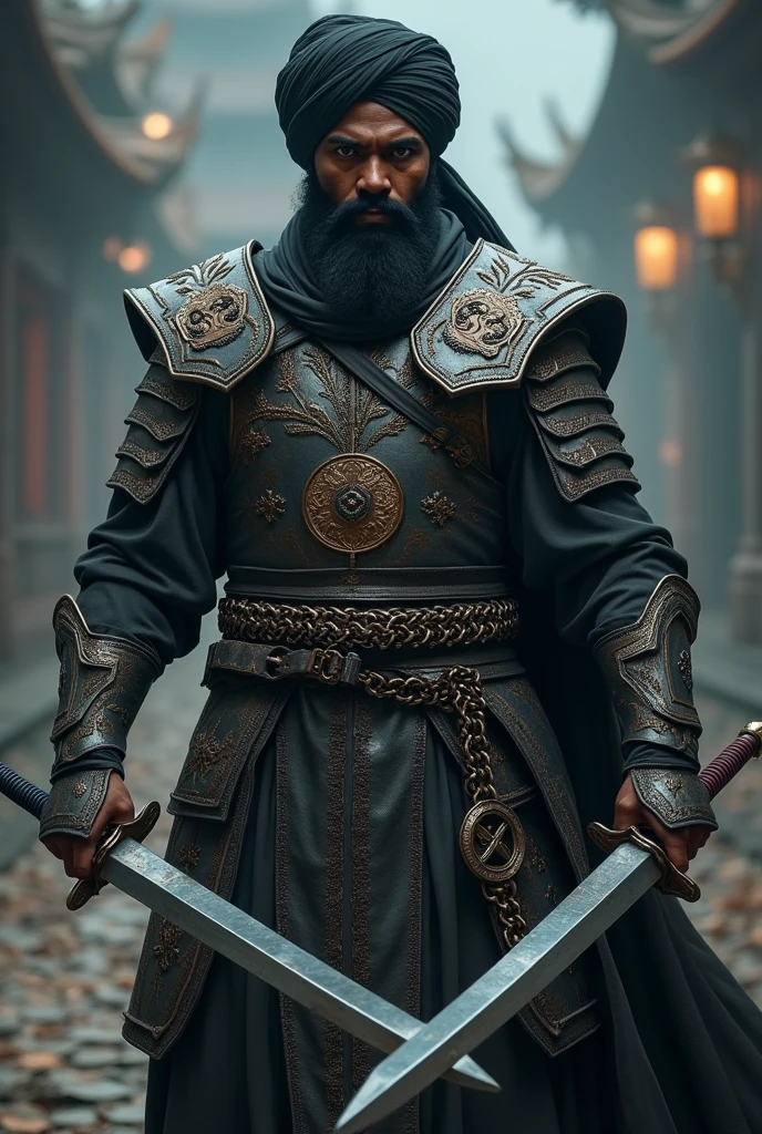 Front view, battle pose, Muslim warriors, black man , middle body, (Has black hair and a beard),(Cover the whole body in armor, ((Chinese sword in both hands)) , ((He wears a chain clothes, and Wearing a turban, body light armor))) , night ((Anatomically correct,Surrealism, uhd, retina, accurate, anatomically correct, textured skin, super detail, high details, best quality, 8k))