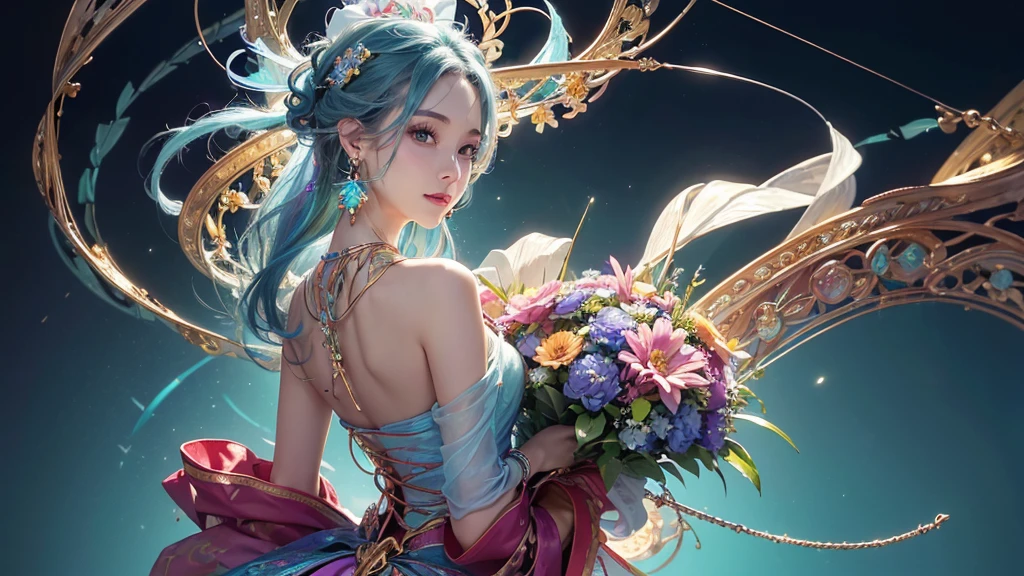 32K, 最高quality, 最高masterpiece, (ultra-Detailed Background, Detailed Background), High resolution, Super detailed, Very detailedな, 1 personの, (bouquet:1.3), (Tangled:1.2), (Geometric:1.2),(colorful),(masterpiece, quality, best quality, Official Art, Beautiful and beautiful:1.2), (1 person:1.3), Very detailed,(colorful:1.1)(Flowers:1.3),Most detailed,(Tangled:1.2), whole body, (Abstract background:1.3), (Skin glows), (Many colors:1.4), ,(Earrings Jewelry:1.5), Light blue and gradient background,