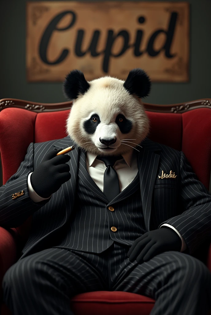 Create a Panda gangster smoking sitting on a couch with a background name Cupid and also a name in his suit