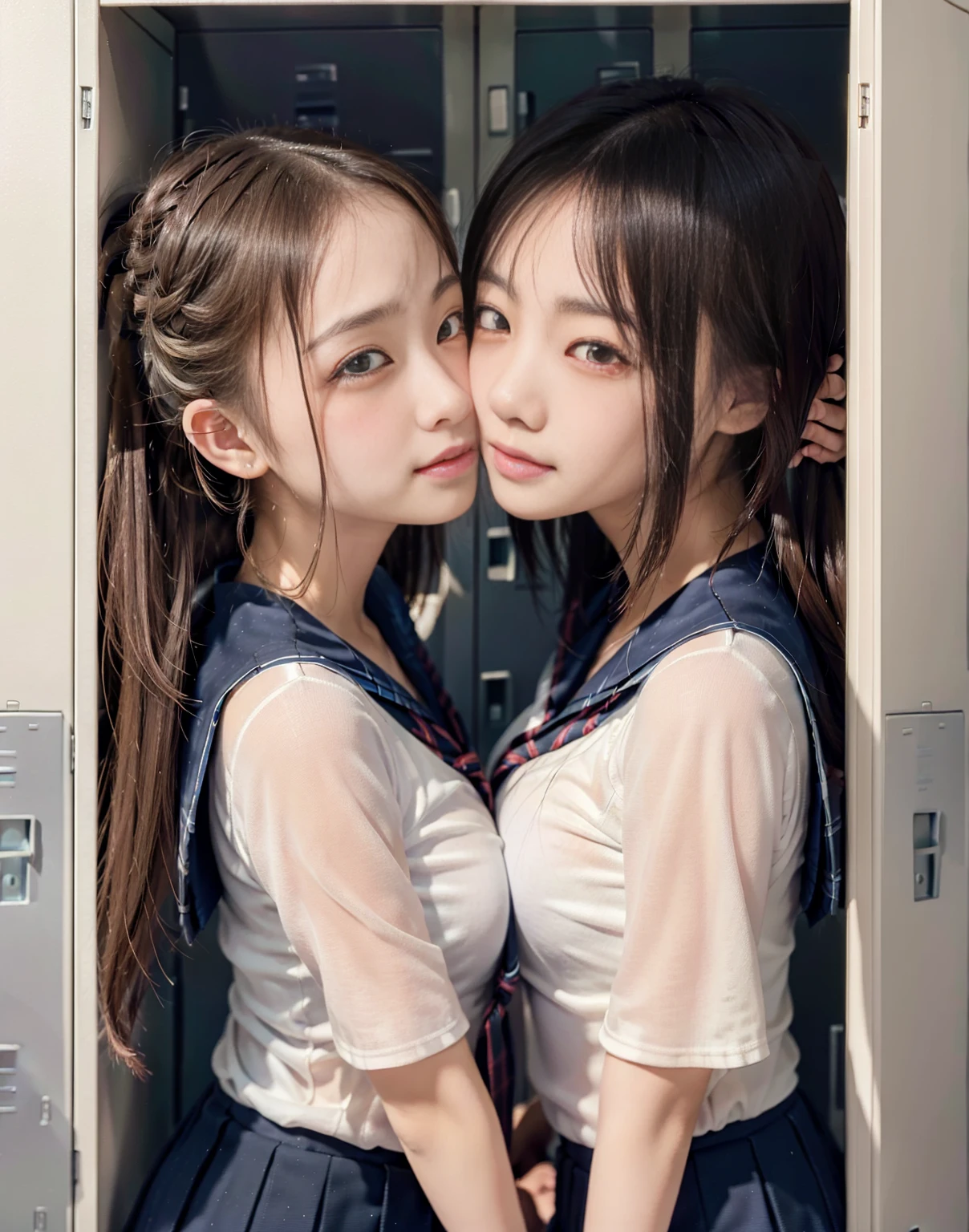 8k,masterpiece,Japanese,best quality, two (schoolgirls:1.4), (crowded locker:1.5), (reluctantly:1,6), (blush:1.3), (breasts:1.1)