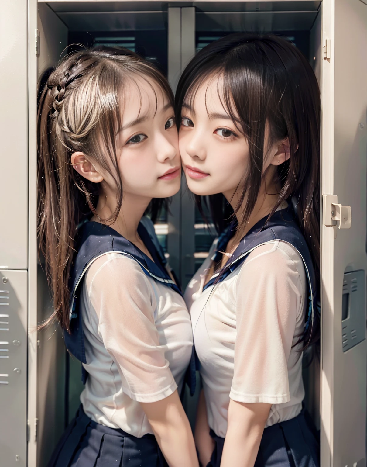 8k,masterpiece,Japanese,best quality, two (schoolgirls:1.4), (crowded locker:1.5), (reluctantly:1,6), (blush:1.3), (breasts:1.1)