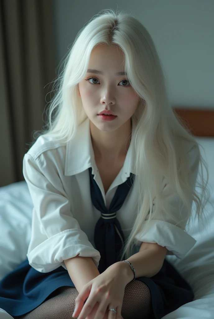 (1 Korean star with royal sister style), ((Best quality, 8k, Masterpiece: 1.3)), focal point: 1.2, Perfect body proportions: 1.4, (Make a smile),  （Ray traching）,Watery eyes, Highly Detailed Face and Skin Textur, Fine eyes, Double eyelids, Whitens the skin, (long whitr hair, Air bangs: 1.3), (face round: 1.5), (Student uniform: 1.4), (duck sitting，sit on a bed: 1.6),(black lence stockings: 1.4),(film grain style:1.3)，a sense of atmosphere
