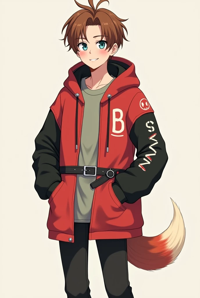 Man with brown hair。Her short hair with outward curls is bouncing.。Smiling with droopy blue eyes。Wearing an oversized hoodie and white headphones。The background is simple。The hoodie is mainly red with black on the arms and hood.。The parka is a jacket type.、Open。The sleeves are black and only the cuffs are red。He has plastic-like rings on both his wrists.。There is an awkward looking smiley face painted in red on the sleeve near the shoulder.。The back is painted in white with an awkward B on it.。The hoodie is held in place by a black belt with silver hardware.。On her belt she wears an accessory that looks like a soft tail with a white to red gradation.。A simple, blank, greyish greenＴWearing a shirt。The pants are black and have no particular pattern.。She wears knee-high shoes made of red and white cushioning material.。Anime style with a gentle touch。Large。Male。