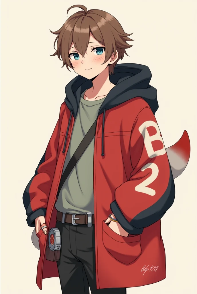 Man with brown hair。Her short hair with outward curls is bouncing.。Smiling with droopy blue eyes。Wearing an oversized hoodie and white headphones。The background is simple。The hoodie is mainly red with black on the arms and hood.。The parka is a jacket type.、Open。The sleeves are black and only the cuffs are red。He has plastic-like rings on both his wrists.。There is an awkward looking smiley face painted in red on the sleeve near the shoulder.。The back is painted in white with an awkward B on it.。The hoodie is held in place by a black belt with silver hardware.。On her belt she wears an accessory that looks like a soft tail with a white to red gradation.。A simple, blank, greyish greenTWearing a shirt。The pants are black and have no particular pattern.。She wears knee-high shoes made of red and white cushioning material.。Anime style with a gentle touch。Large。Male。