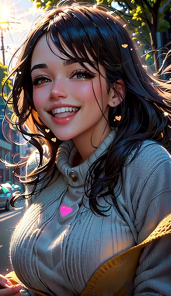 smiling woman with long dark hair and a pink heart on her chest, artgerm and atey ghailan, artgerm and ilya kuvshinov, ilya kuvshinov. 4 k, beautiful and smiling, ilya kuvshinov with long hair, realistic cute girl painting, digital art ilya kuvshinov, extremely detailed artgerm