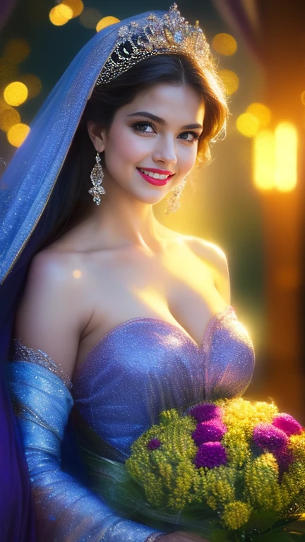 (a beautiful woman in a stunning gown of flowing silk with a radiant smile and captivating eyes),Plump breasts，gigantic cleavage breasts:1.6，vibrant colors,highres,ultra-detailed,sharp focus,soft lighting,realistic,fantasy-inspired,portraits,subtle color palette,ethereal glow,fairytale,graceful,pastel shades,enchanted garden,lovely flowers,twinkling lights,whimsical ambiance