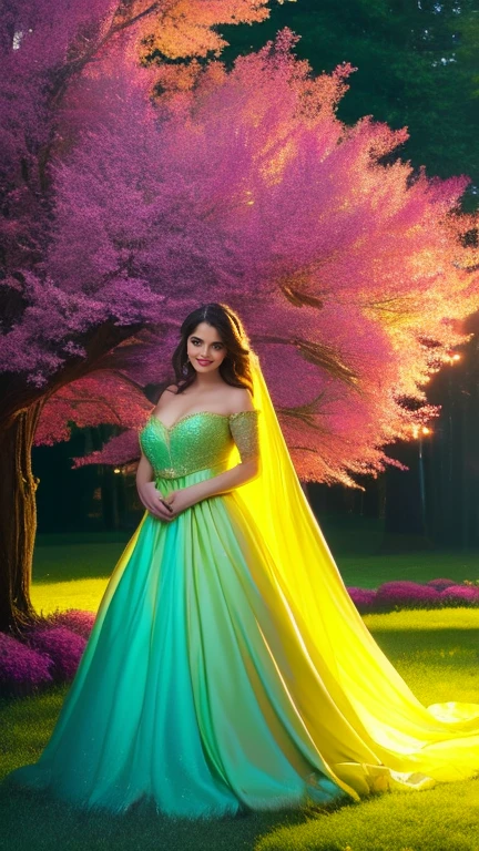 (a beautiful woman in a stunning gown of flowing silk with a radiant smile and captivating eyes),Plump breasts，gigantic cleavage breasts:1.6，vibrant colors,highres,ultra-detailed,sharp focus,soft lighting,realistic,fantasy-inspired,portraits,subtle color palette,ethereal glow,fairytale,graceful,pastel shades,enchanted garden,lovely flowers,twinkling lights,whimsical ambiance