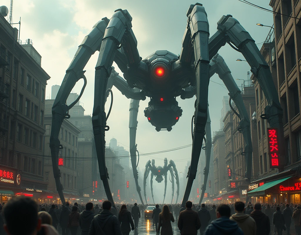 Super huge spider-shaped weapons, all over town, crowds, traffic jams, panic, bird's-eye view,