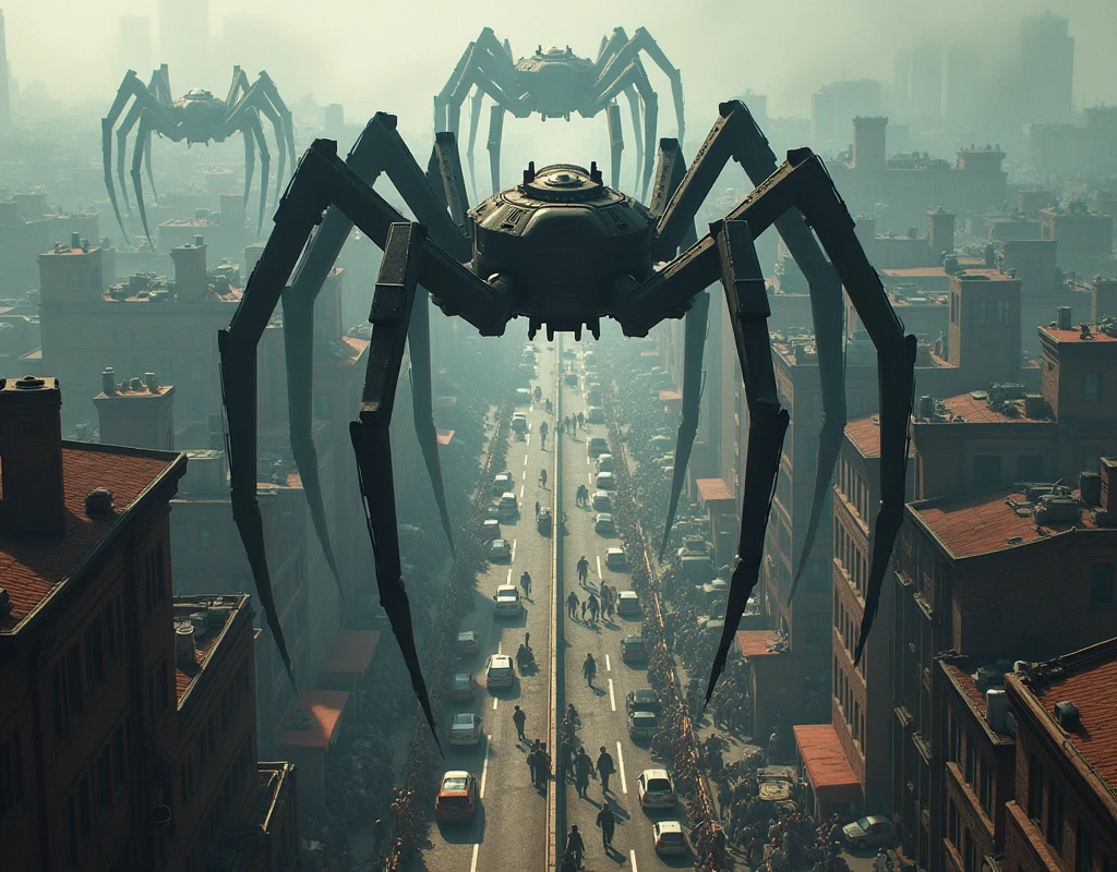 Super huge spider-shaped weapons, all over town, crowds, traffic jams, panic, bird's-eye view,