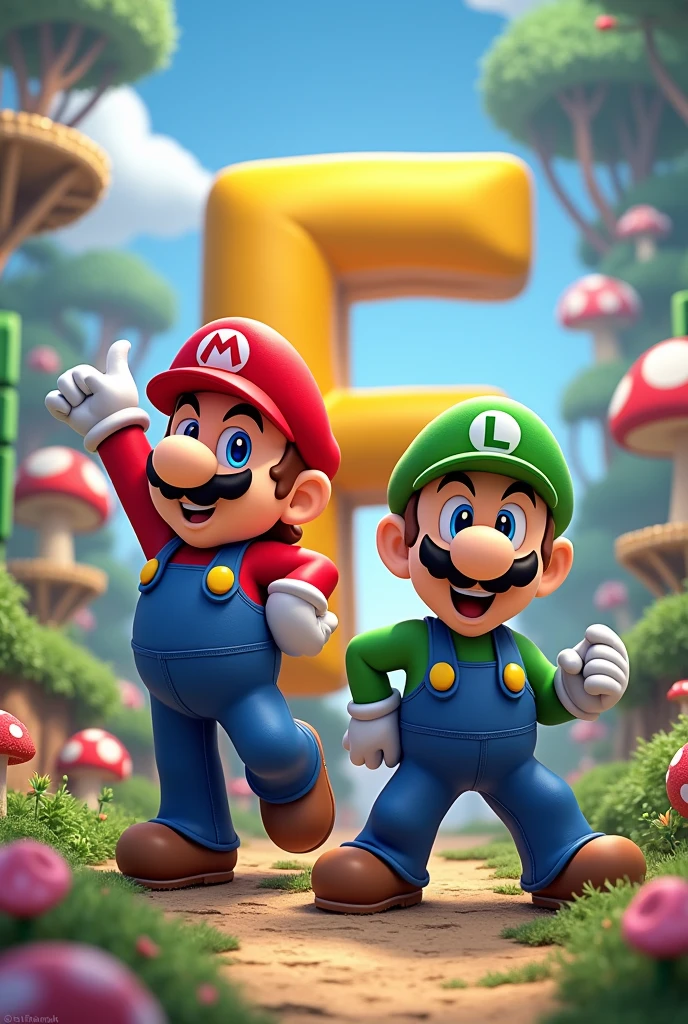 Personnage Mario et Luigi, with the letter F in the background, mario bross world in the background