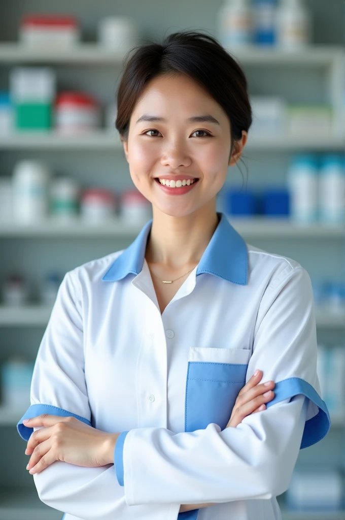 Give me a portrait of a Vietnamese female pharmacist with short hair wearing a white blue shirt standing and presenting.