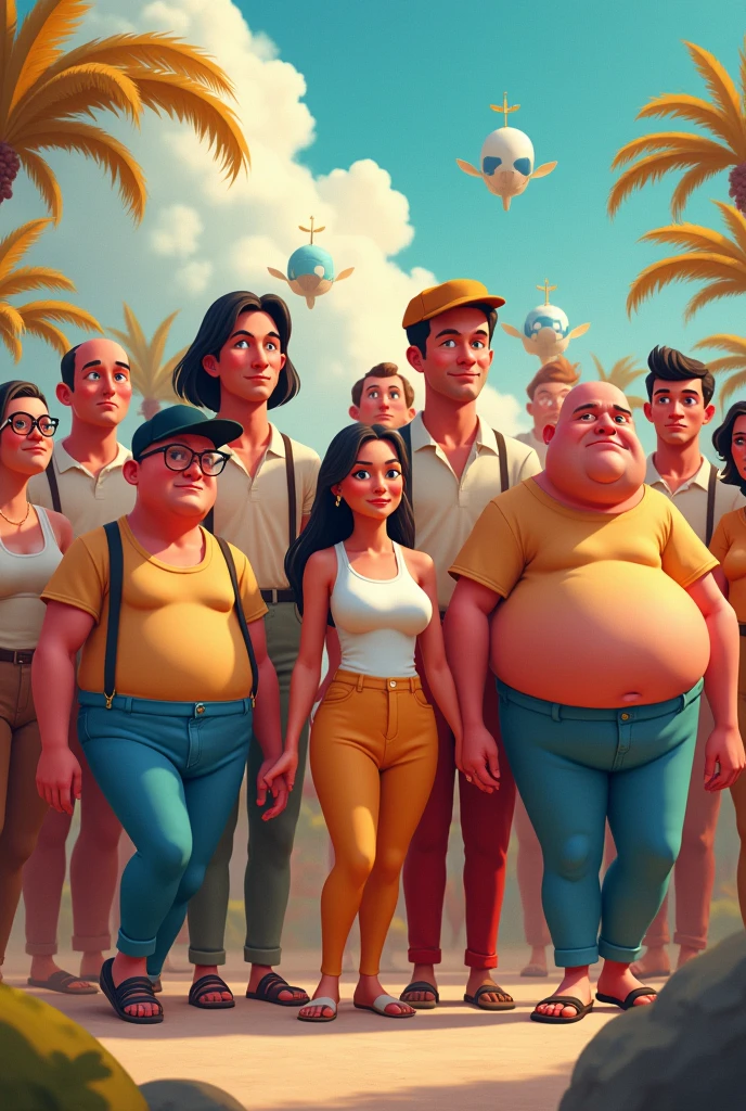 Men and women with cartoonish bodies are